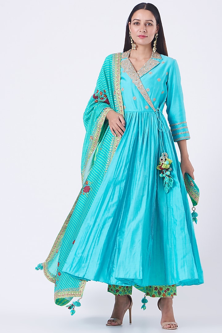 Caribbean Blue Embroidered Angrakha Kurta Set by Punit Balana at Pernia's Pop Up Shop