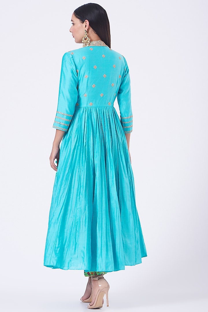 Caribbean Blue Embroidered Angrakha Kurta Set by Punit Balana at Pernia's Pop Up Shop