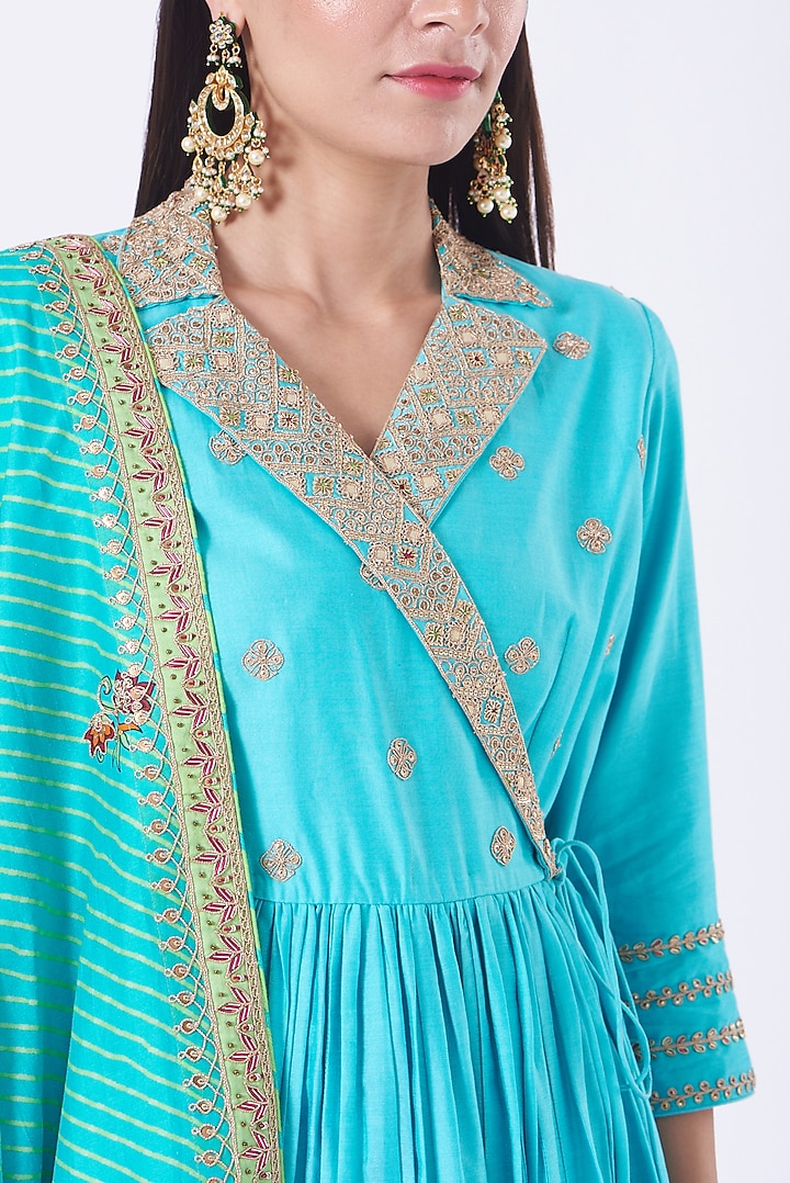 Caribbean Blue Embroidered Angrakha Kurta Set by Punit Balana at Pernia's Pop Up Shop