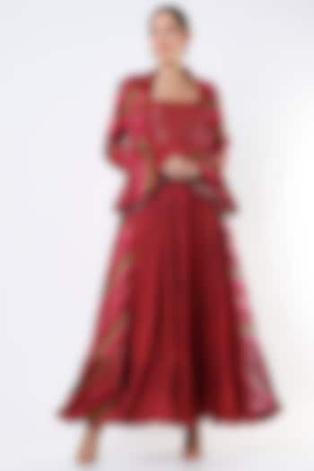 Burnt Red Satin Silk Resham Embroidered Maxi Dress by Punit Balana at Pernia's Pop Up Shop