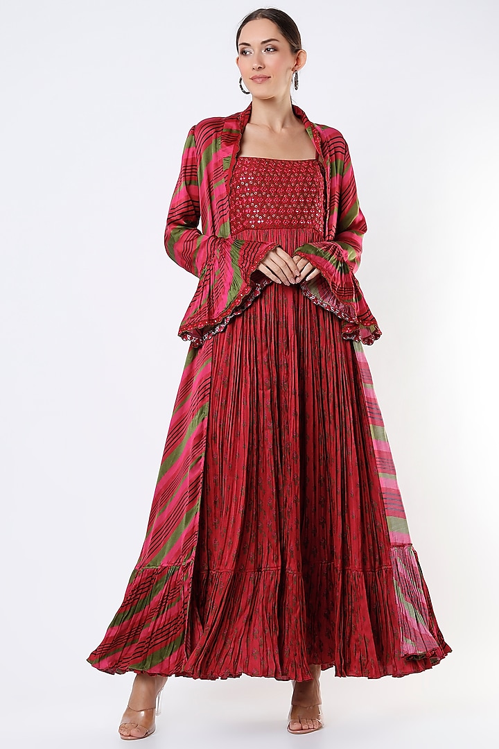 Burnt Red Embroidered Cape Dress by Punit Balana