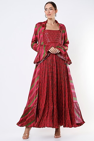 Burnt Red Satin Silk Resham Embroidered Maxi Dress by Punit Balana