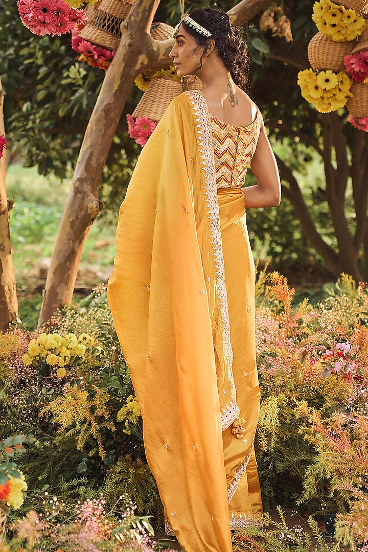 Mustard Hand Embroidered Wedding Saree Set by Punit Balana at Pernia's Pop Up Shop