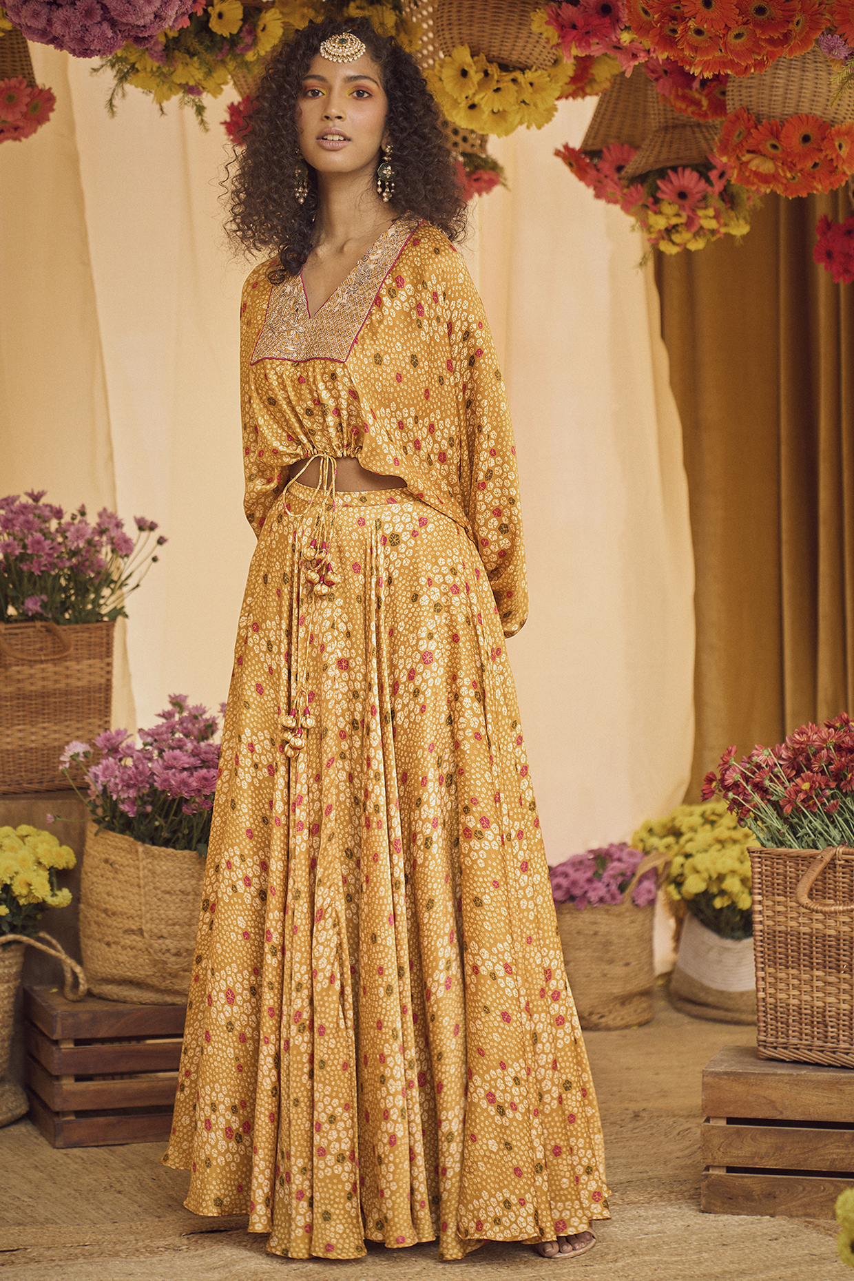 Yellow and Brown Ombre Bandhej Printed Georgette Lehenga