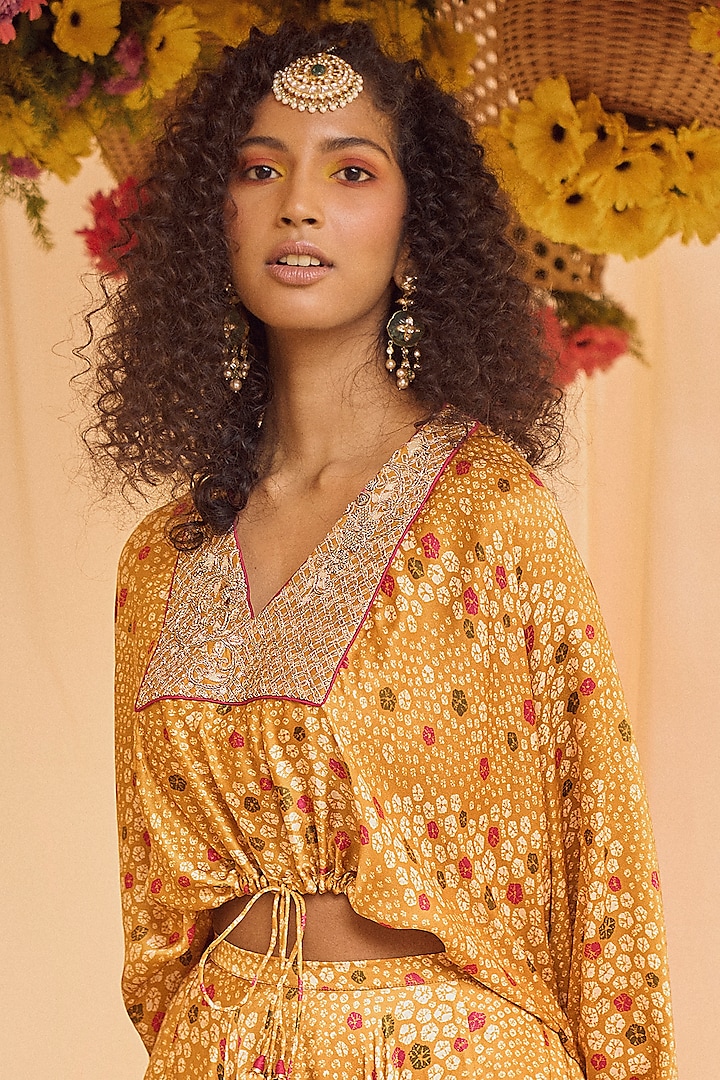 Mustard Bandhani Printed Wedding Lehenga Set by Punit Balana at Pernia's Pop Up Shop