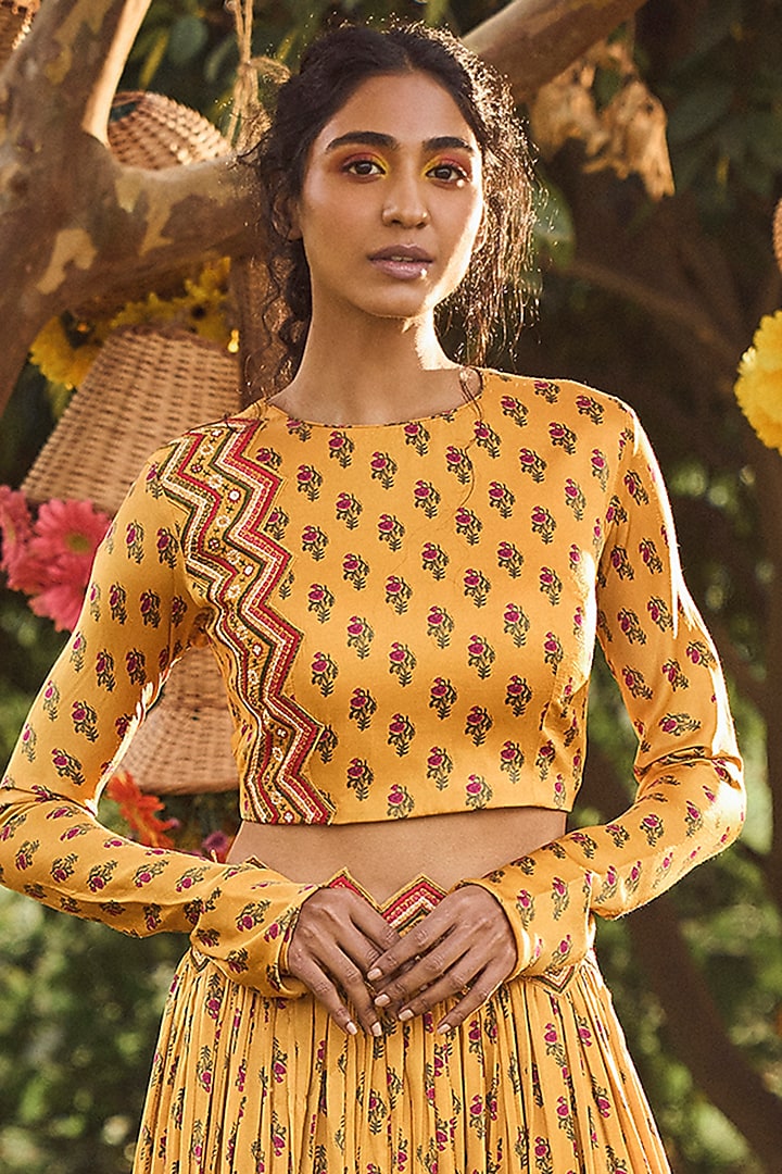 Mustard Boota Printed Wedding Lehenga Set by Punit Balana at Pernia's Pop Up Shop