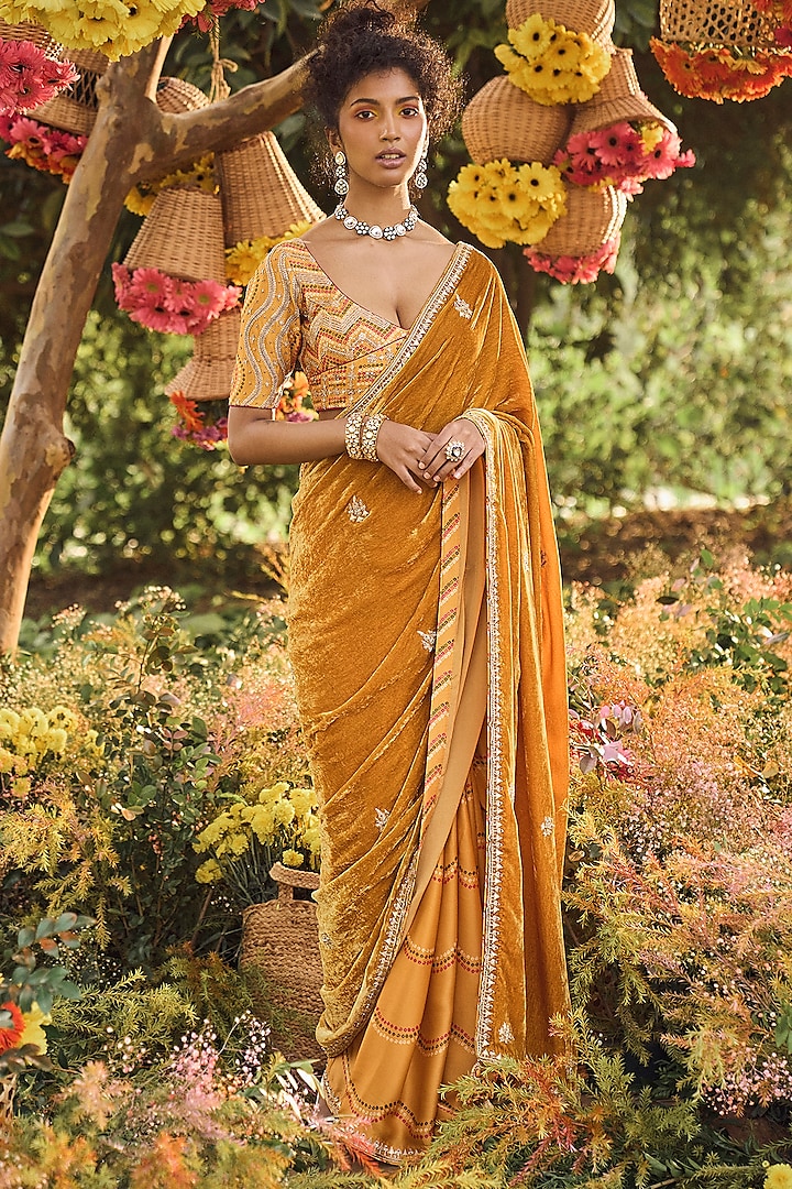 Mustard Bandhani Printed Saree Set by Punit Balana