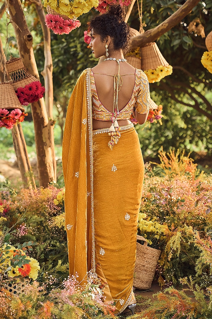 Mustard Bandhani Printed Wedding Saree Set by Punit Balana at Pernia's Pop Up Shop