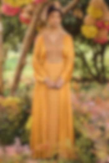 Mustard Bandhani Printed Kaftan Dress by Punit Balana at Pernia's Pop Up Shop