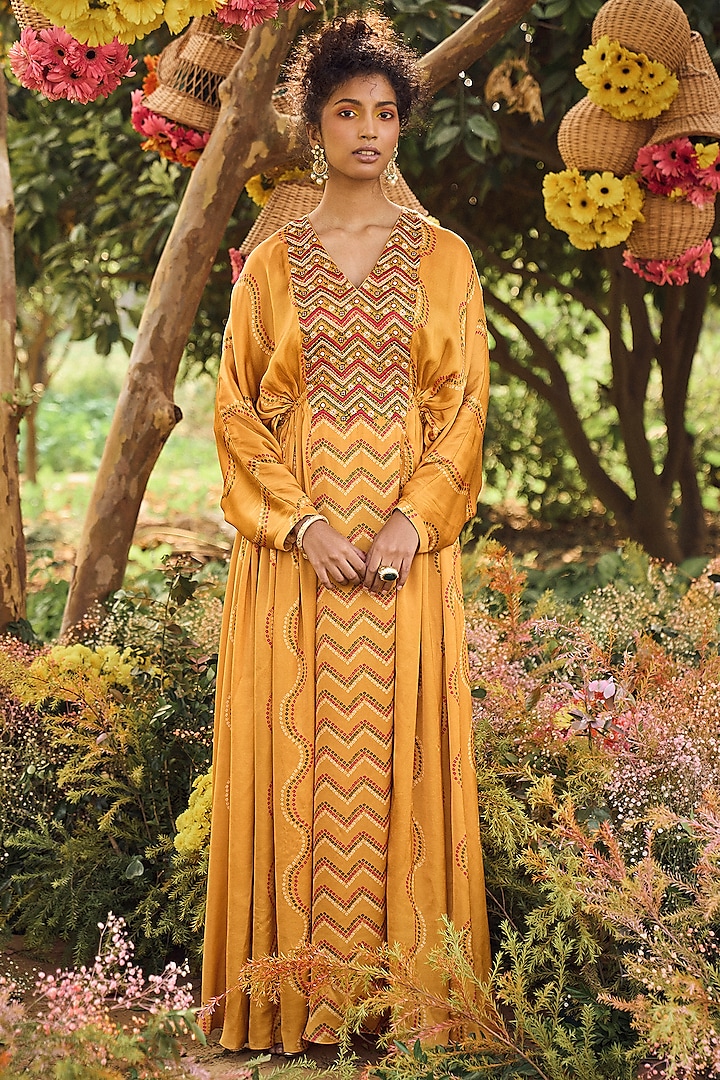 Mustard Bandhani Printed Kaftan Dress by Punit Balana