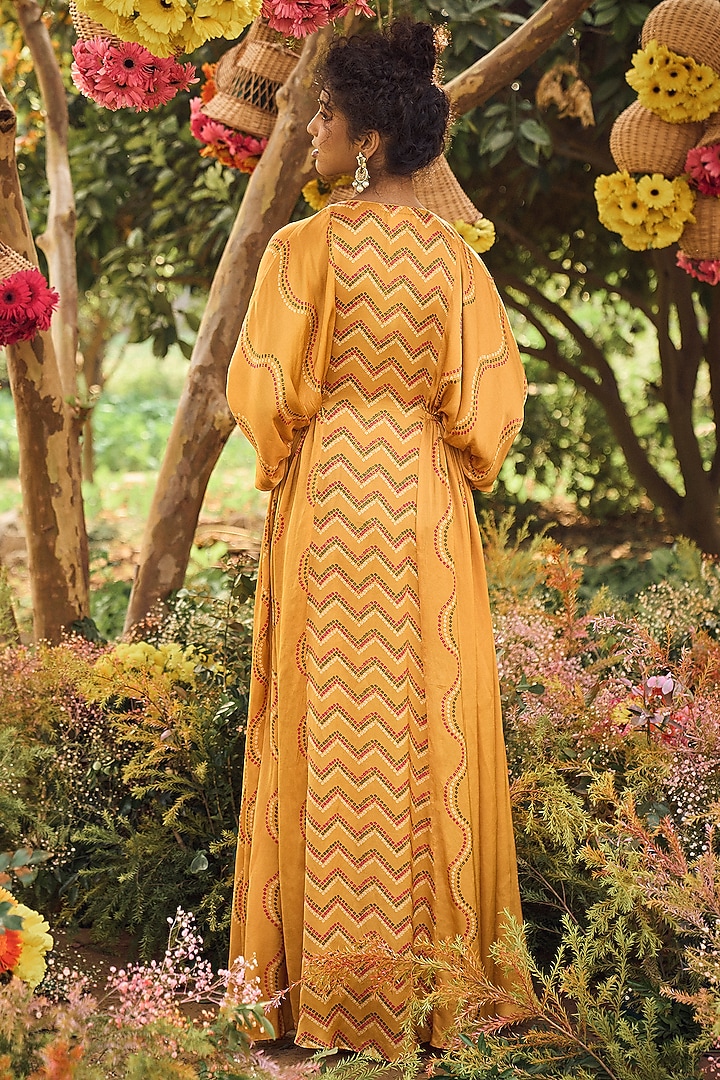 Mustard Bandhani Printed Kaftan Dress by Punit Balana at Pernia's Pop Up Shop