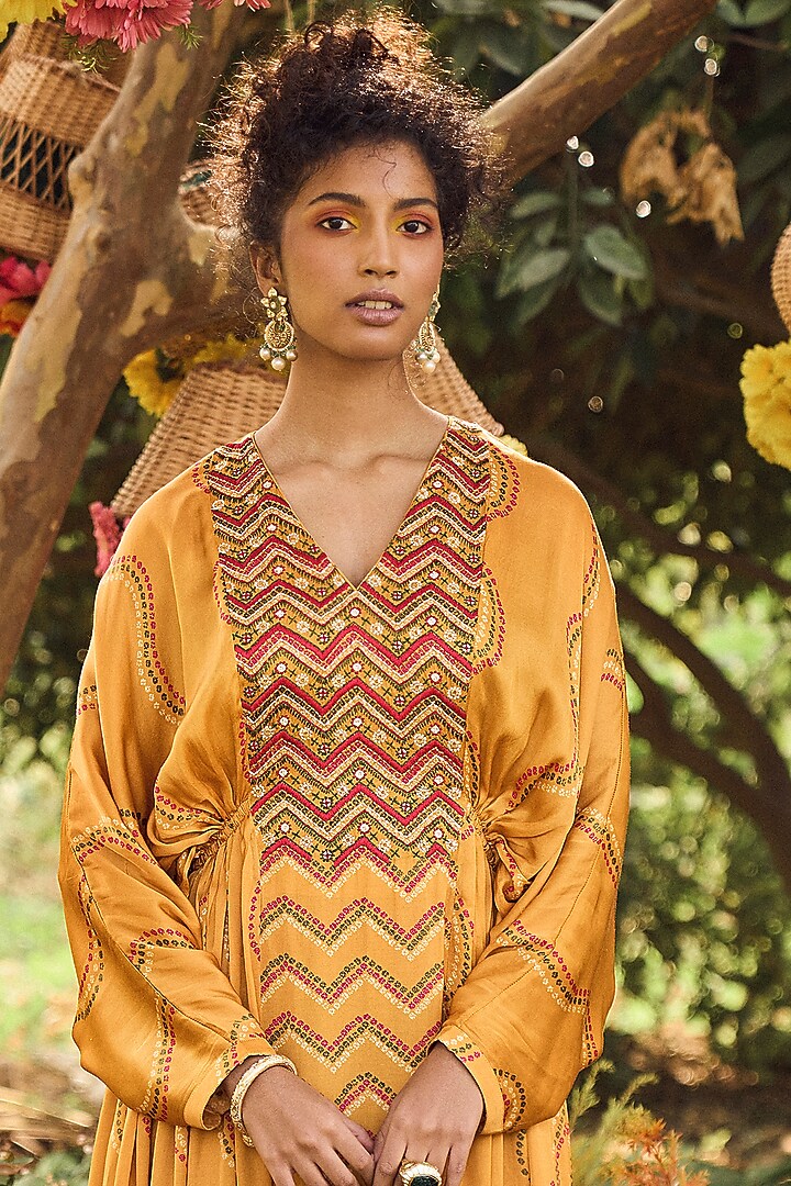 Mustard Bandhani Printed Kaftan Dress by Punit Balana at Pernia's Pop Up Shop