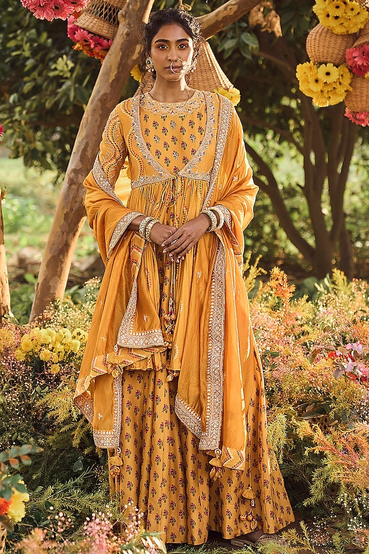 Mustard Printed Anarkali Set by Punit Balana