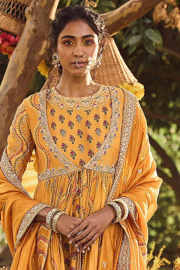 Mustard Printed Wedding Anarkali Set by Punit Balana at Pernia's Pop Up Shop