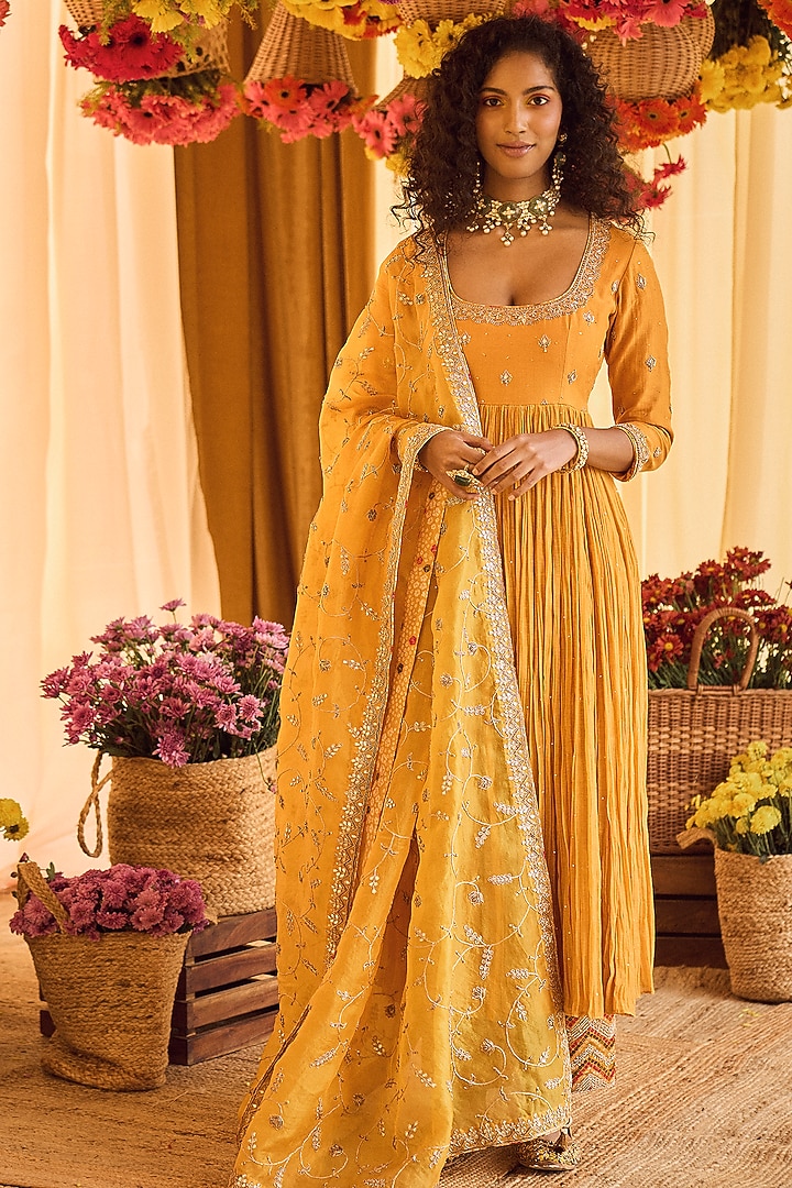 Mustard Chanderi Silk Gota Embroidered Wedding Anarkali Set by Punit Balana at Pernia's Pop Up Shop