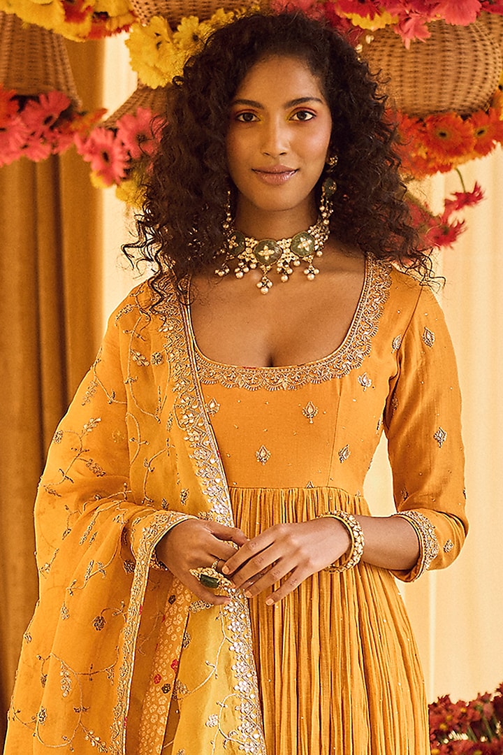 Mustard Chanderi Silk Gota Embroidered Wedding Anarkali Set by Punit Balana at Pernia's Pop Up Shop