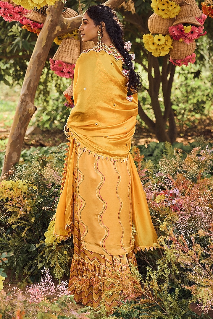 Mustard Satin Silk Bandhani Printed Gharara Set by Punit Balana at Pernia's Pop Up Shop