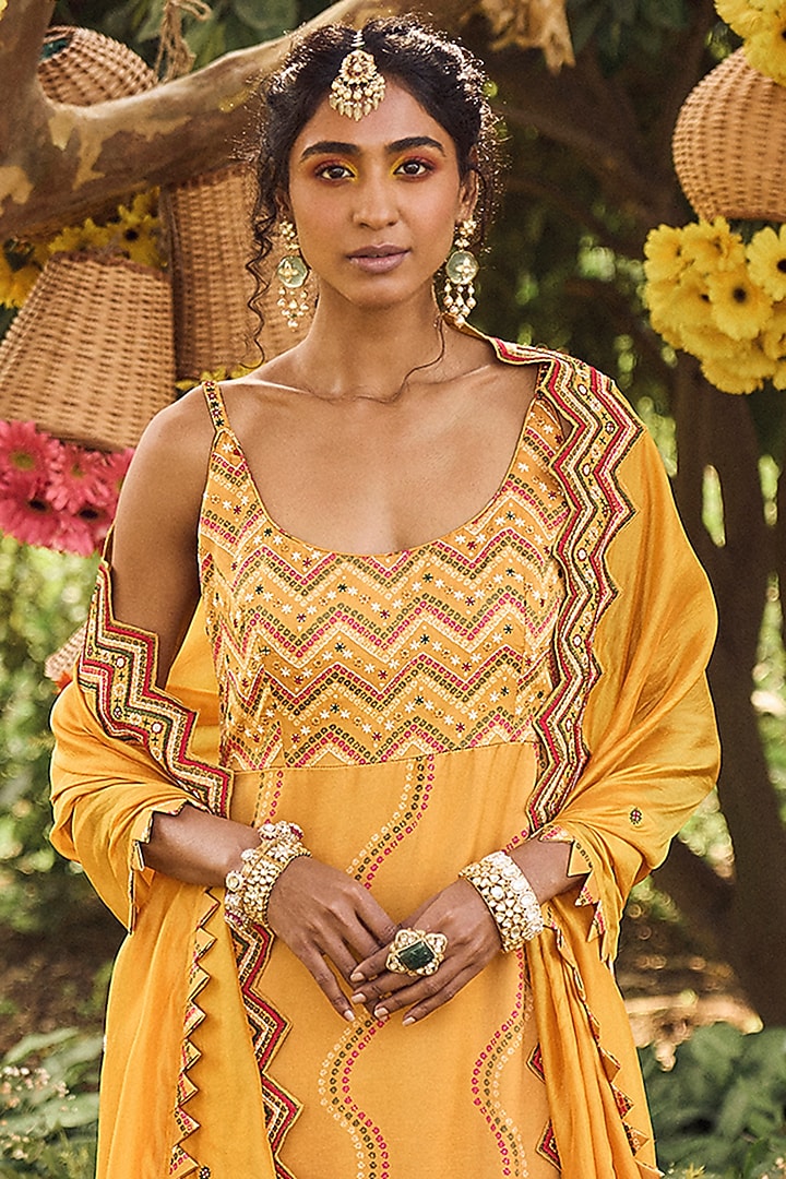 Mustard Satin Silk Bandhani Printed Gharara Set by Punit Balana at Pernia's Pop Up Shop