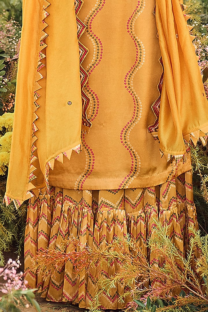 Mustard Satin Silk Bandhani Printed Gharara Set by Punit Balana at Pernia's Pop Up Shop