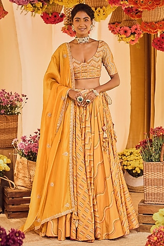 Mustard Printed Lehenga Set by Punit Balana
