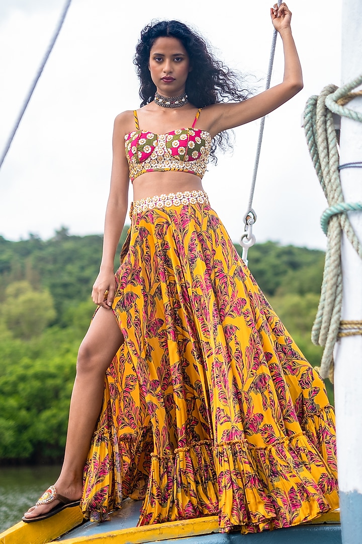 Mustard Skirt Set With Mirror Work by Punit Balana