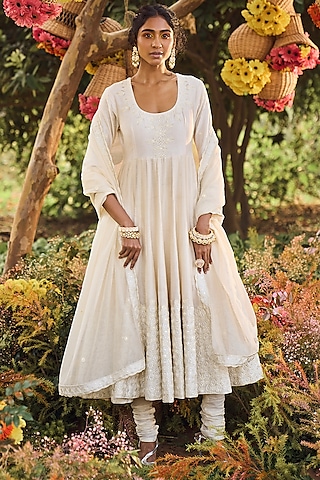 Ivory Anarkali Set With Resham Work by Punit Balana