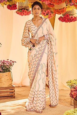Blush Pink Printed Saree Set by Punit Balana
