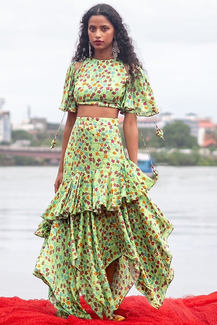 Lime Green Printed Skirt Set by Punit Balana