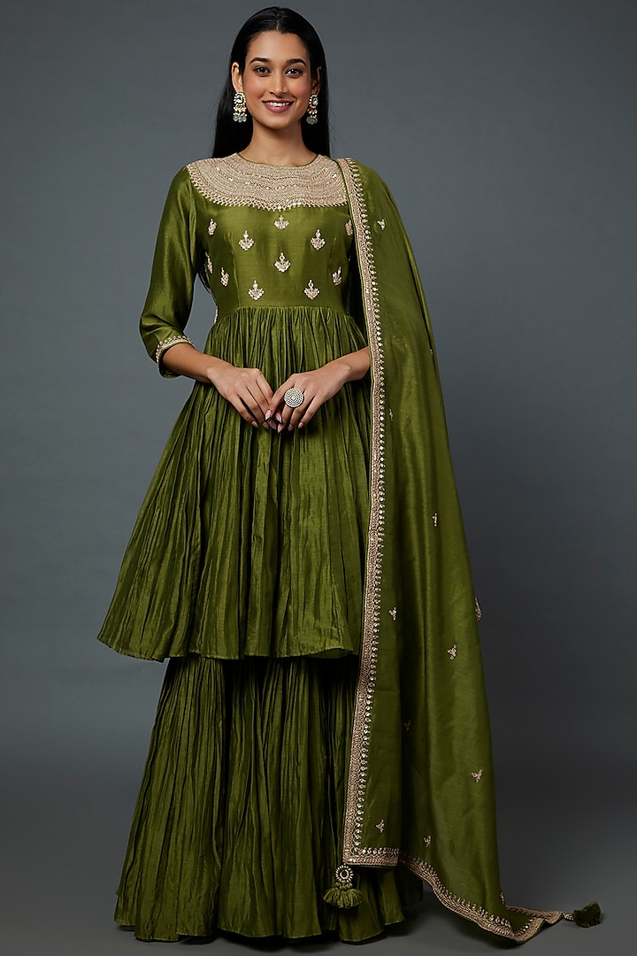 Mehendi Green Satin Silk Gharara Set by Punit Balana