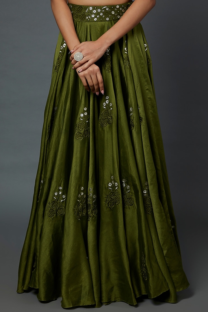 Mehendi Green Satin Silk Embroidered Wedding Lehenga Set by Punit Balana at Pernia's Pop Up Shop