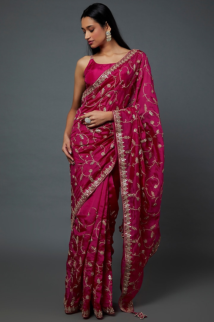 Rani Pink Organza Silk Embroidered Saree Set by Punit Balana