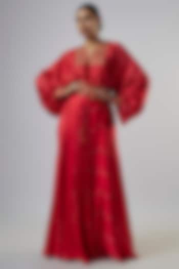 Red Satin Silk Bandhani Skirt Set by Punit Balana