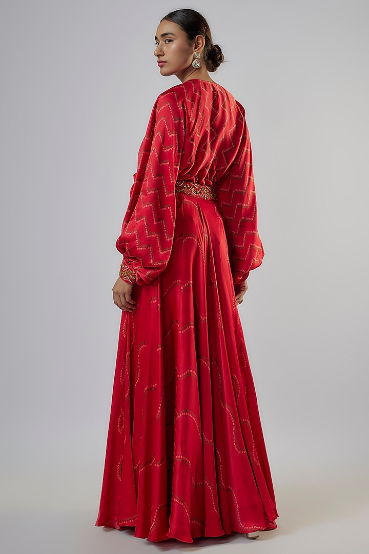 Red Satin Silk Bandhani Skirt Set by Punit Balana at Pernia's Pop Up Shop