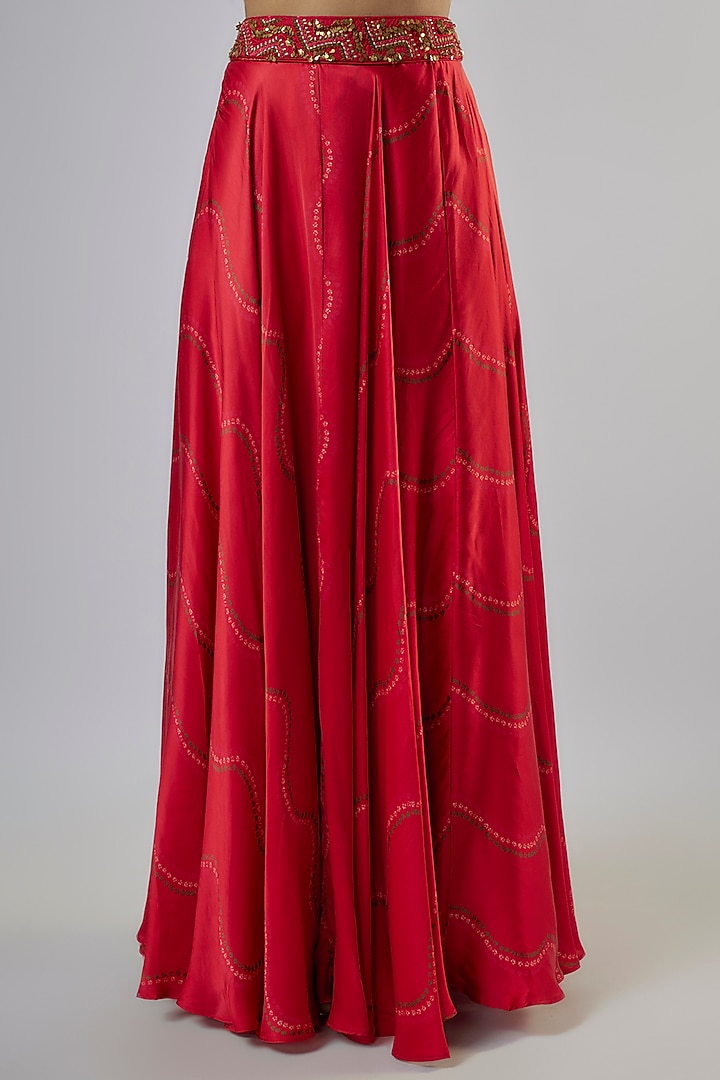 Red Satin Silk Bandhani Skirt Set by Punit Balana at Pernia's Pop Up Shop