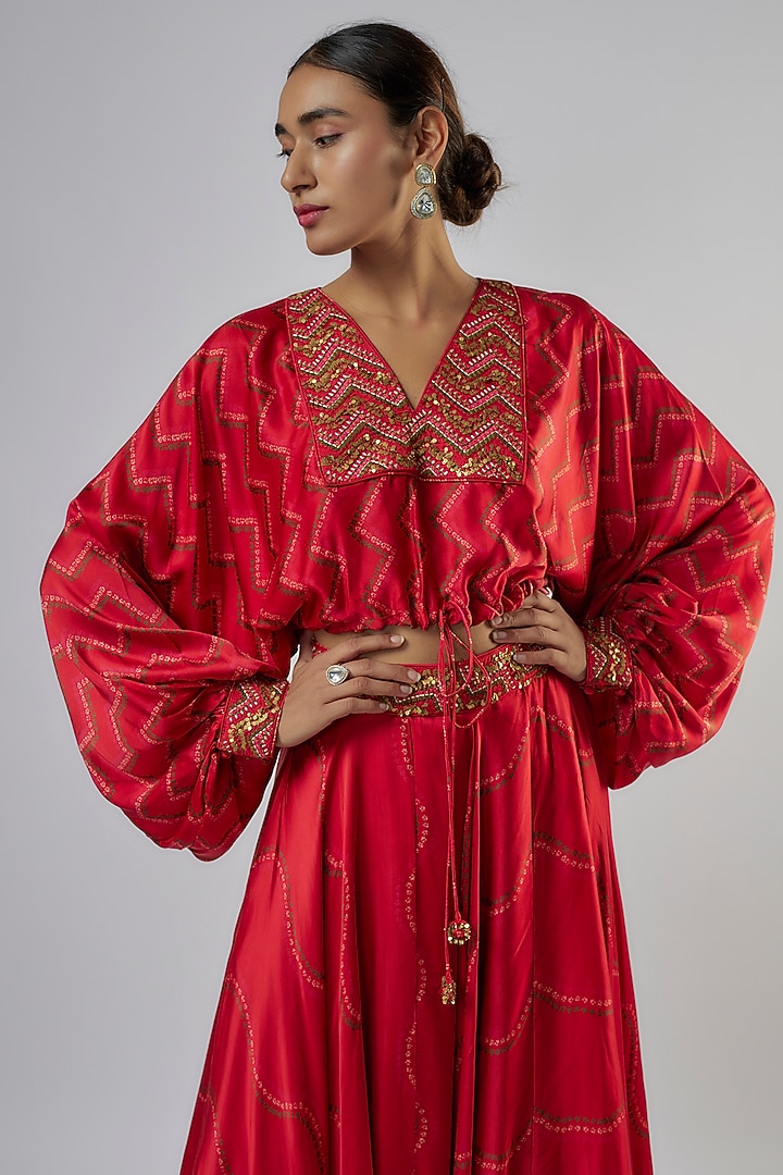 Red Satin Silk Bandhani Skirt Set by Punit Balana at Pernia's Pop Up Shop