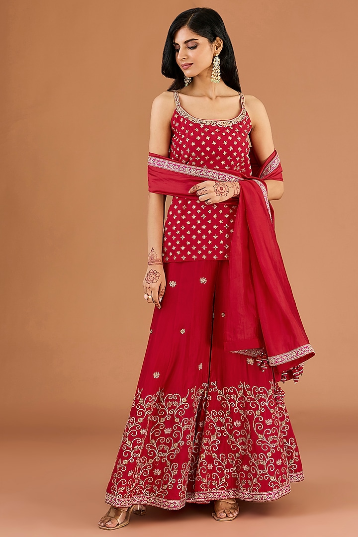 Red Pure Silk Dori & Gota Embroidered Kurta Set by Punit Balana