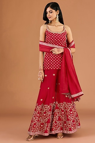 Red Pure Silk Dori & Gota Embroidered Kurta Set by Punit Balana