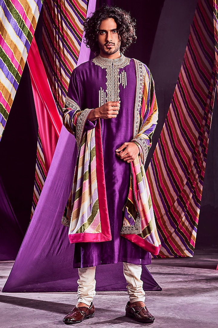 Purple Chanderi Silk Printed & Embroidered Kurta Set by Punit Balana Men