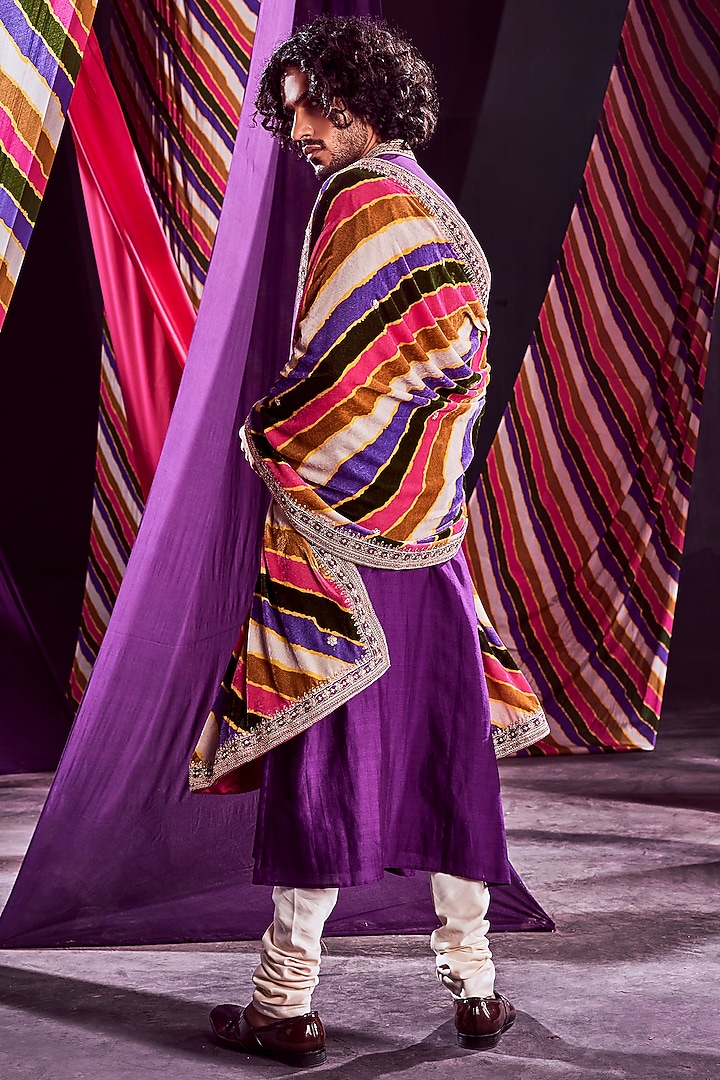 Purple Chanderi Silk Printed & Embroidered Kurta Set by Punit Balana Men at Pernia's Pop Up Shop
