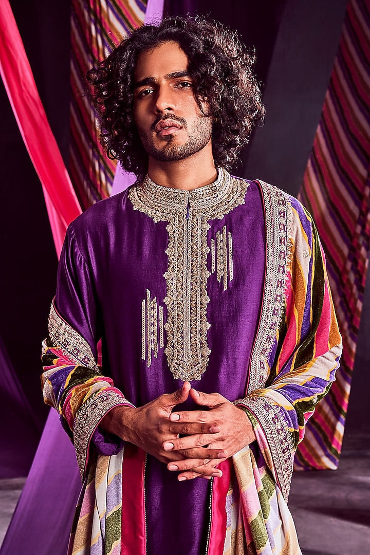 Purple Chanderi Silk Printed & Embroidered Kurta Set by Punit Balana Men at Pernia's Pop Up Shop
