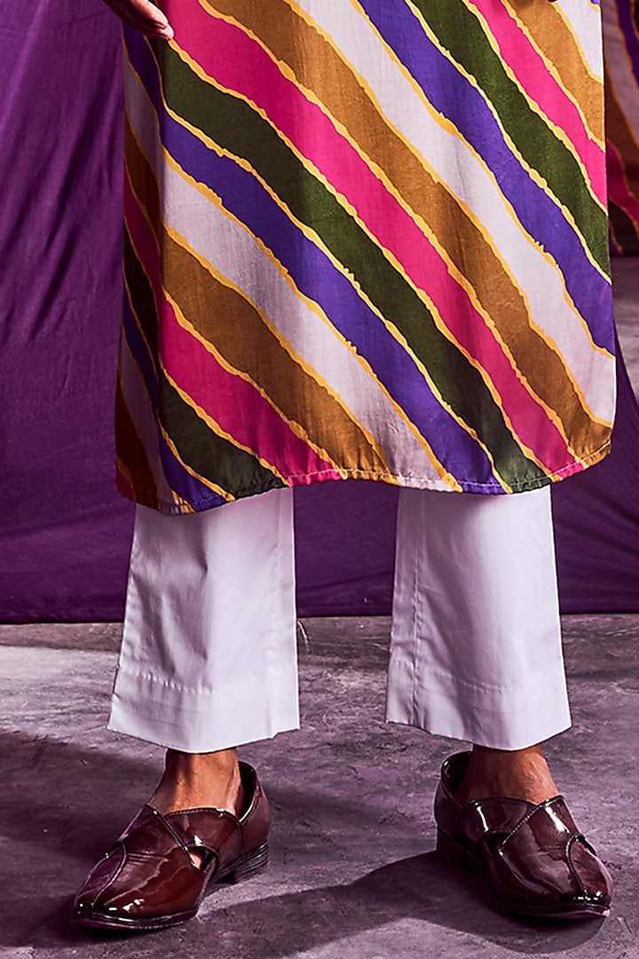 Multi-Colored Satin Silk Stripe Printed & Resham Embroidered Kurta Set by Punit Balana Men at Pernia's Pop Up Shop