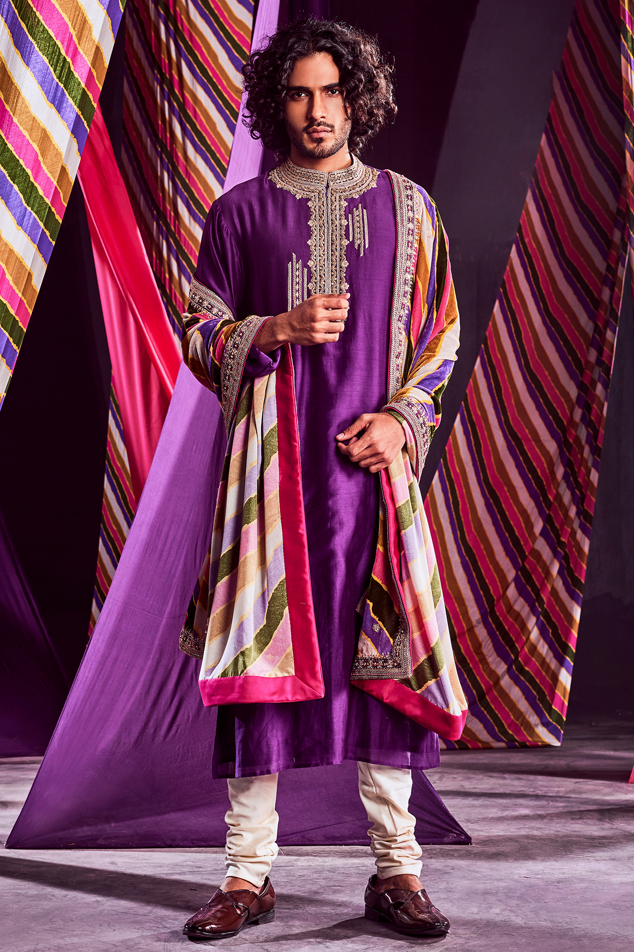 Multi-Colored Chanderi Silk & Velvet Hand Work Dushala by Punit Balana Men