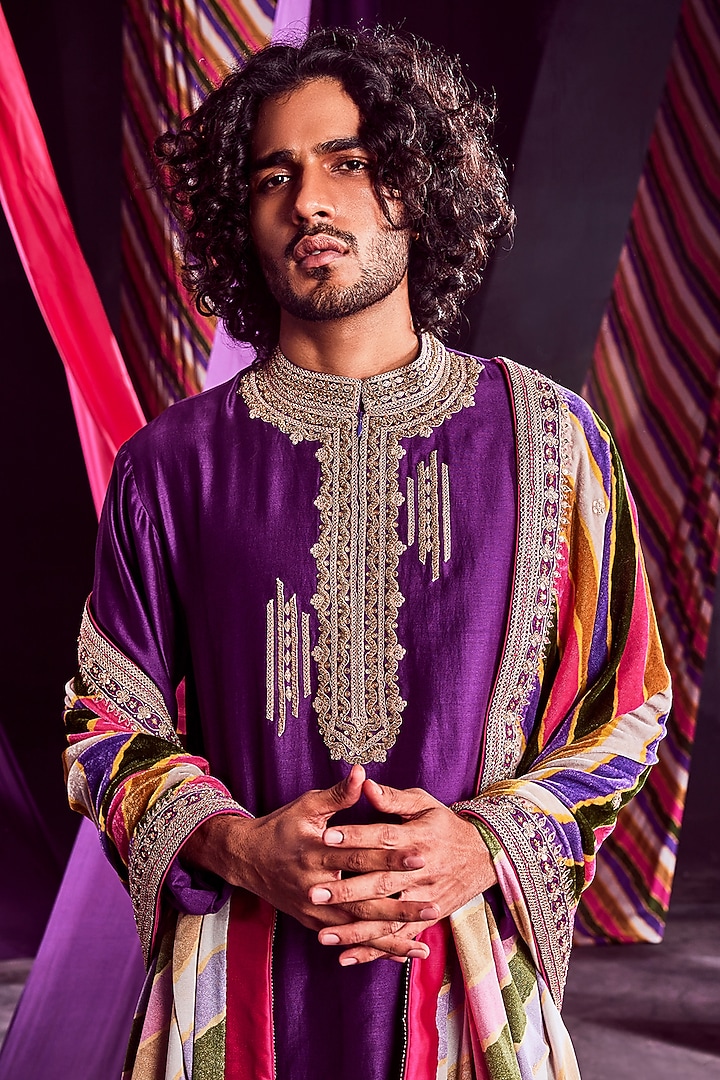 Multi-Colored Chanderi Silk & Velvet Hand Work Dushala by Punit Balana Men at Pernia's Pop Up Shop