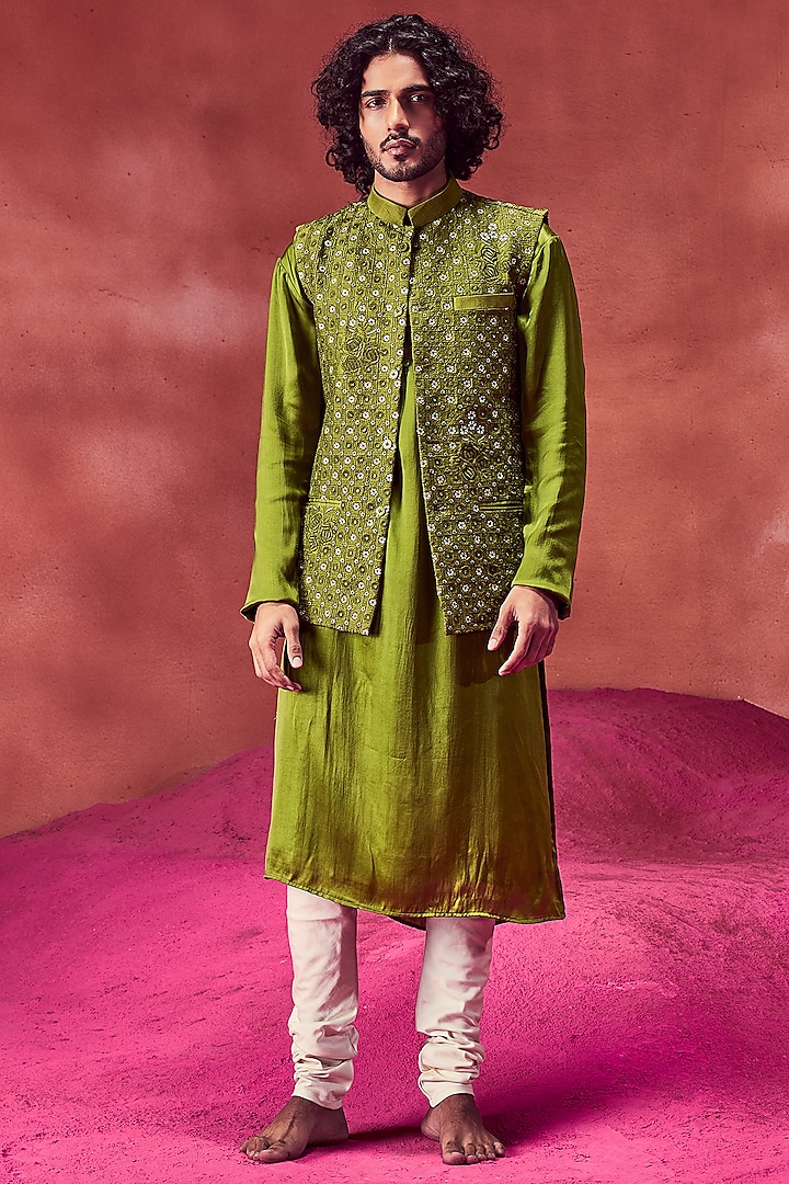 Olive Green Silk Embroidered Bundi Jacket With Kurta Set by Punit Balana Men