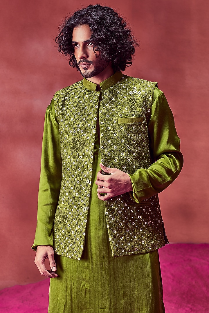Olive Green Chanderi Silk Resham Embroidered Bundi Jacket Set by Punit Balana Men at Pernia's Pop Up Shop