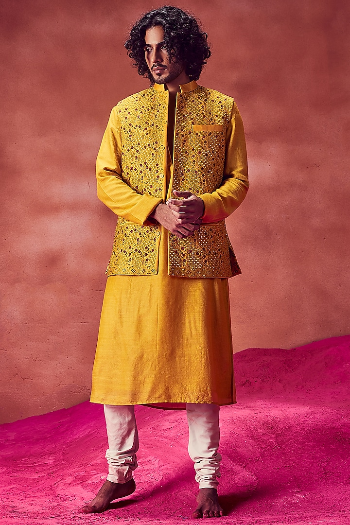 Yellow Chanderi Silk Resham Embroidered Bundi Jacket Set by Punit Balana Men