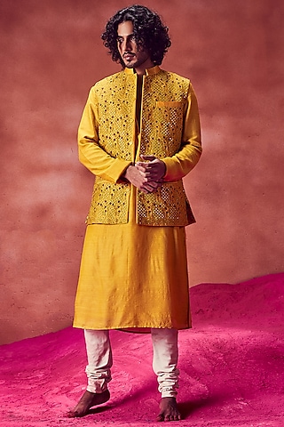 Yellow Chanderi Silk Resham Embroidered Bundi Jacket Set by Punit Balana Men