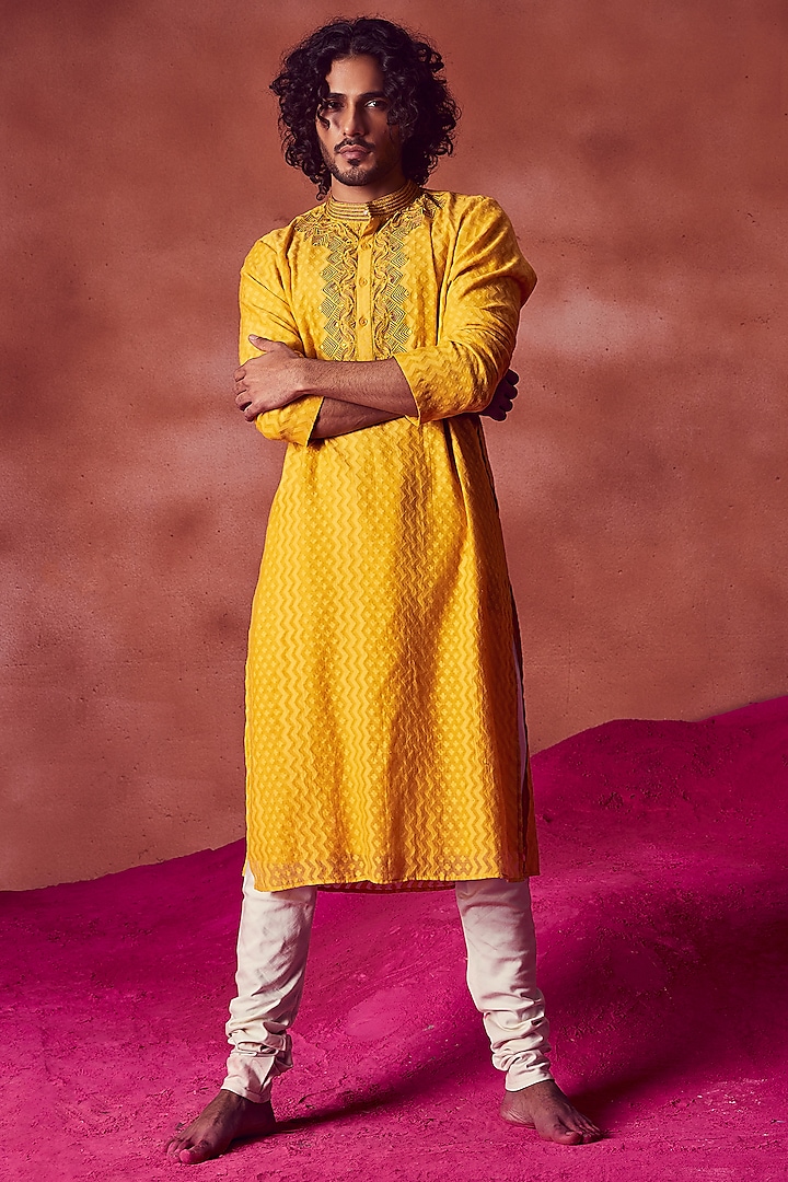 Yellow Chanderi Silk Embroidered Kurta Set by Punit Balana Men