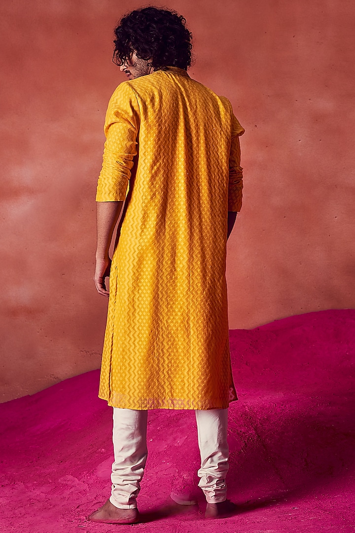 Yellow Chanderi Silk Resham Work Kurta Set by Punit Balana Men at Pernia's Pop Up Shop