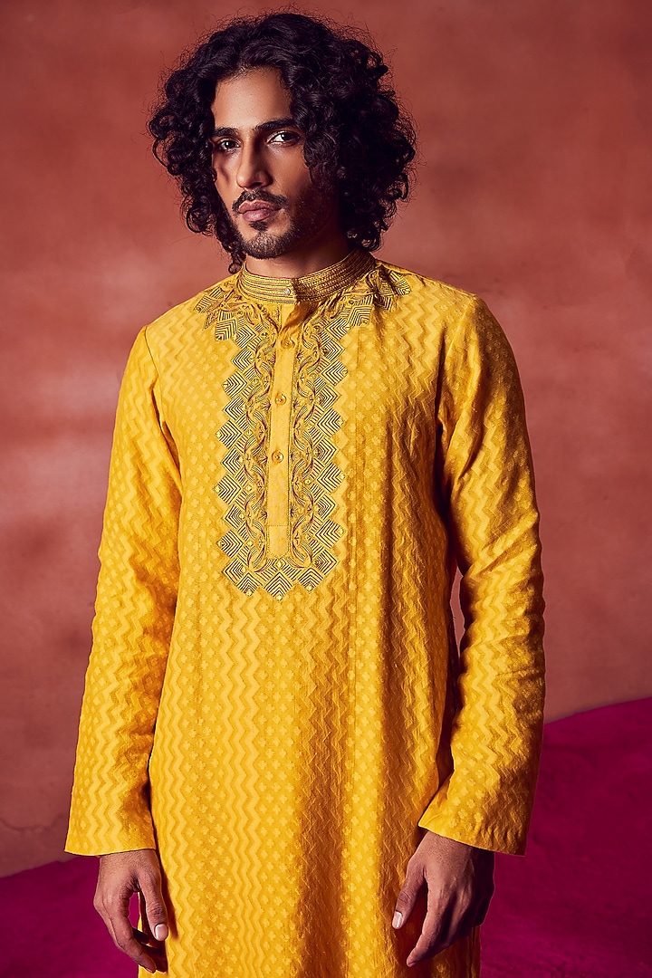 Yellow Chanderi Silk Resham Work Kurta Set by Punit Balana Men at Pernia's Pop Up Shop
